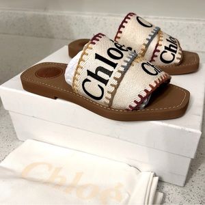 NIB Chloé Woody Linen Logo Slides Sandals $495 36 6